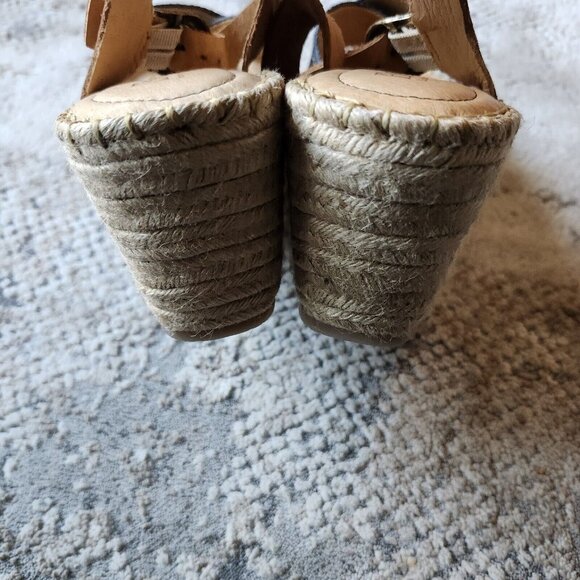 Born Wedge Sandals Women's 9 Blue Fabric Tan Leather Comfort Espadrille Platform - Picture 9 of 9